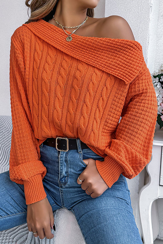 Einfarbiger, lässiger Strickpullover mit einer Schulter und langen Ärmeln