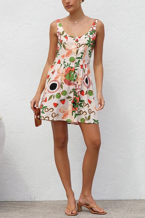 Mini-robe boutonnée sans manches à imprimé botanique