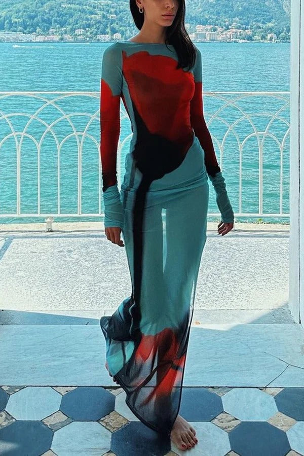 Mesh-Maxikleid mit Blumendruck, Rundhalsausschnitt, langen Ärmeln und Stretch