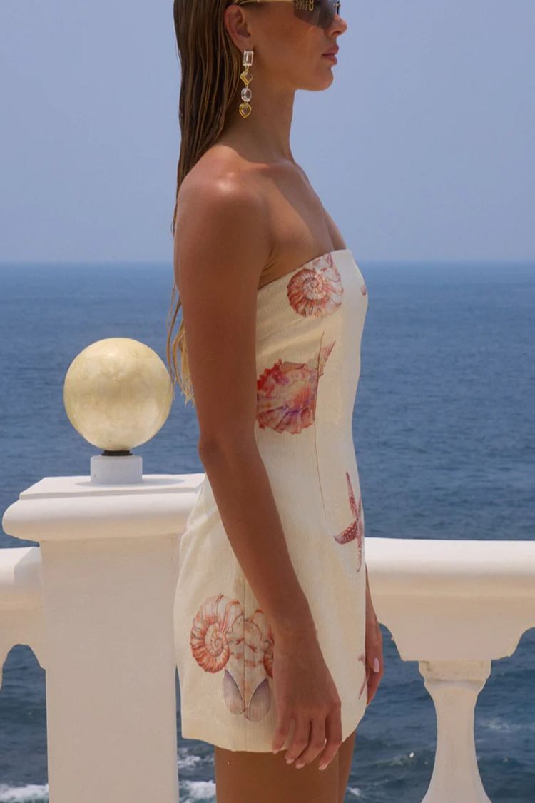 Beach Club – Trägerloses Stretch-Minikleid mit Pailletten und einzigartigem Print