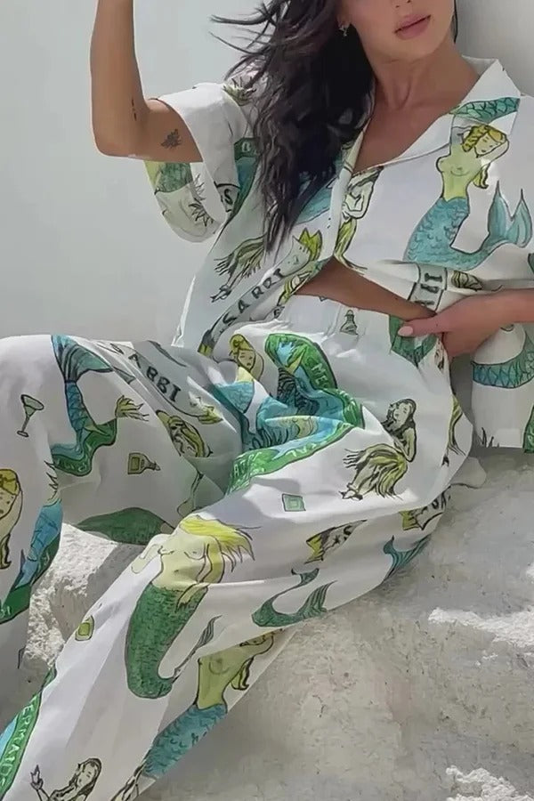 Set aus Hemdoberteil mit Meerjungfrauen-Print aus Leinenmischung und lockerer Hose mit elastischem Bund