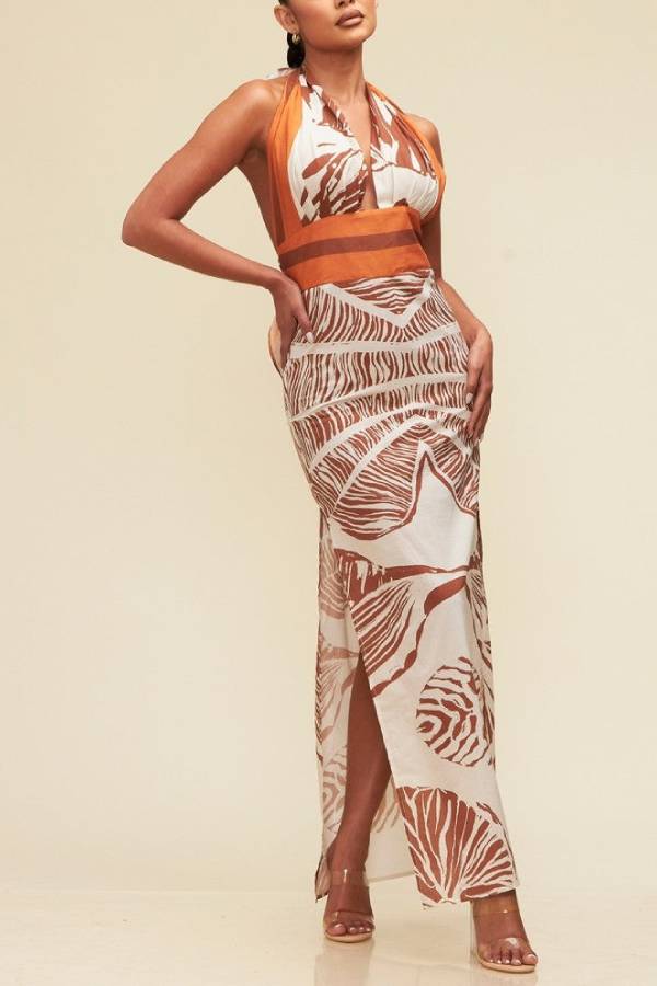 Vacay Bound – Neckholder-Maxikleid aus Leinenmischung mit einzigartigem botanischem Print