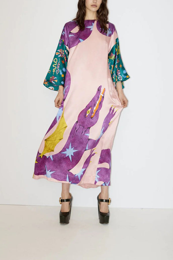 KÜNSTLERISCHES NATUR-SATIN-MAXIKLEID MIT EINZIGARTIGEM DRUCK, KONTRASTSCHLITZ UND ENTSPANNTEM URLAUB