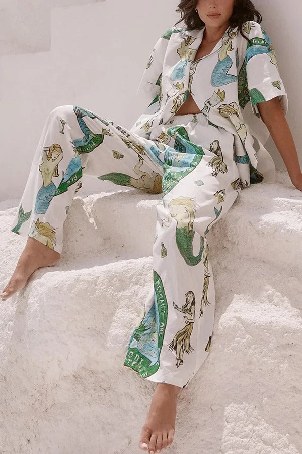 Set aus Hemdoberteil mit Meerjungfrauen-Print aus Leinenmischung und lockerer Hose mit elastischem Bund