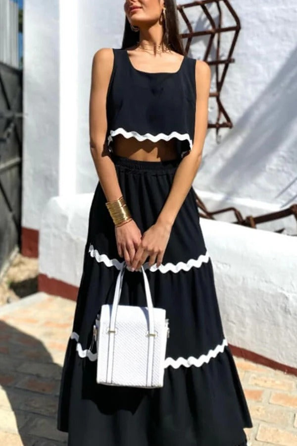 Ärmelloses, kurzes Tanktop mit Napa-Zickzack-Besatz und Maxirock mit Tasche und elastischer Taille mit Kordelzug