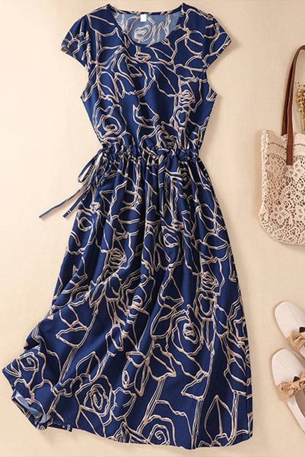 Mittellanges Kleid mit Rundhalsausschnitt und Bindegürtel aus Baumwolle und Leinen mit Print