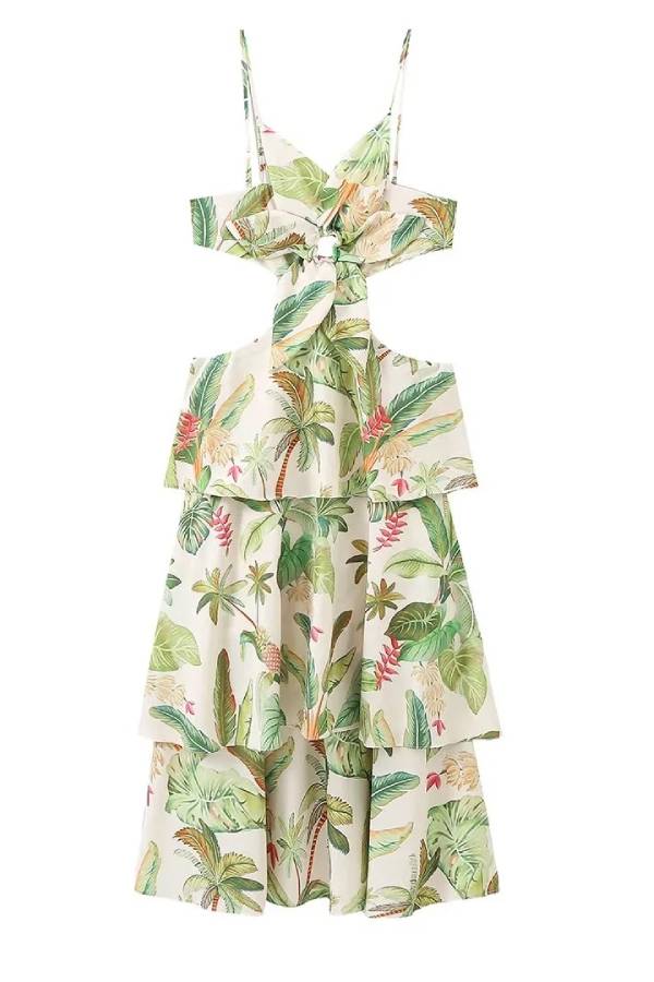 Ärmelloses Maxikleid mit Blumenmuster, Hohlfalten und hoher Taille