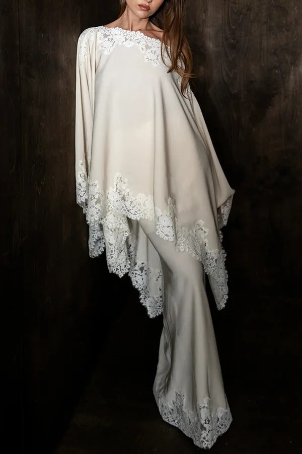 Like A Swan Lace Trim Off Shoulder Cape Top and Elastic Waist Draped Maxi Skirt Set