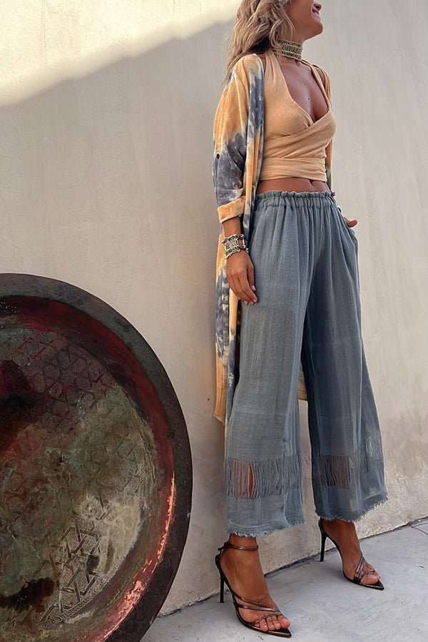 Isley – Langärmliger Duster-Kimono mit Batikmuster und offener Vorderseite und Rüschen