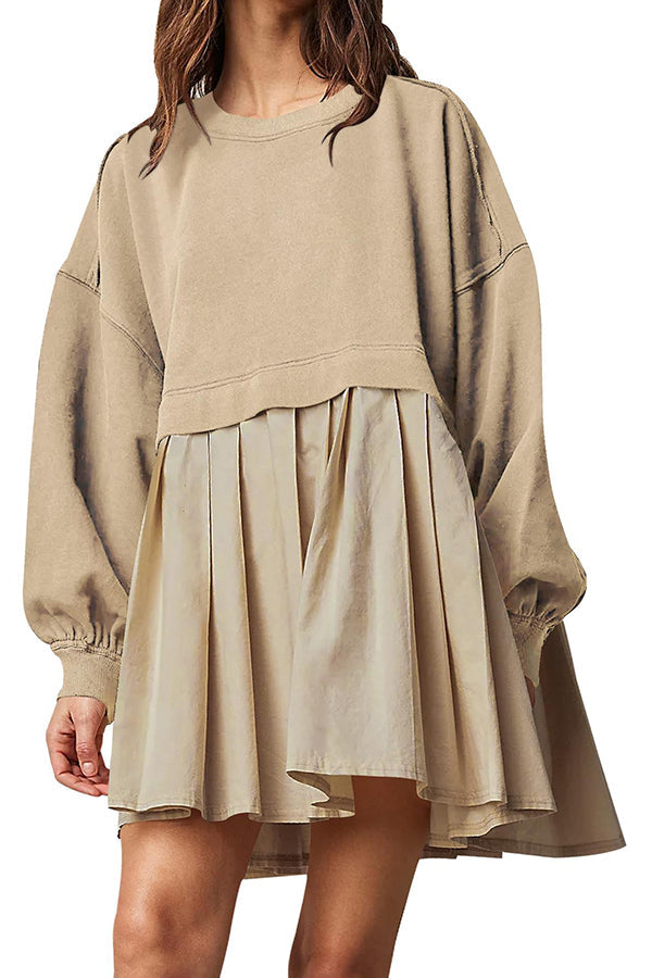 Süßes und besonderes, übertrieben plissiertes Patchwork-Sweatshirt-Minikleid in A-Linie