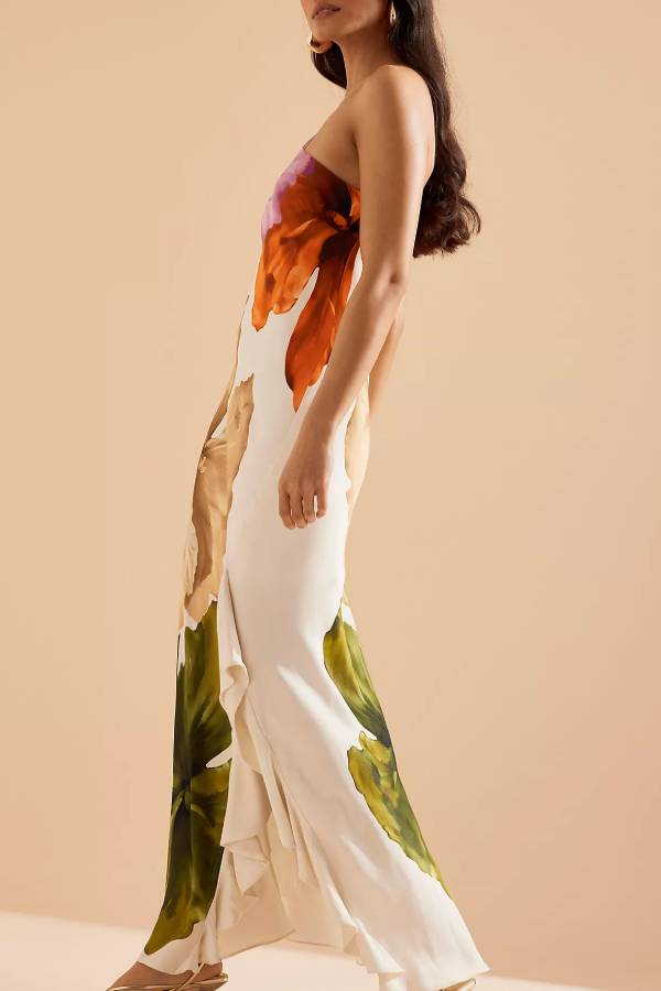 Maxi-Slip-Kleid mit Blumenmuster und einer Schulter sowie seitlichen Rüschen