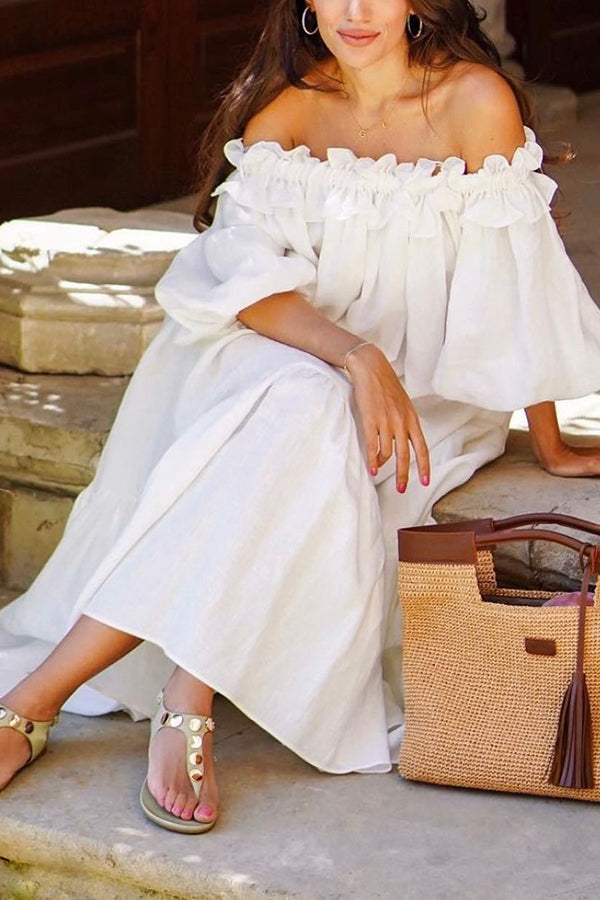 Francisca – Schulterfreies Midikleid aus Leinenmischung mit Rüschen, Puffärmeln und Taschen