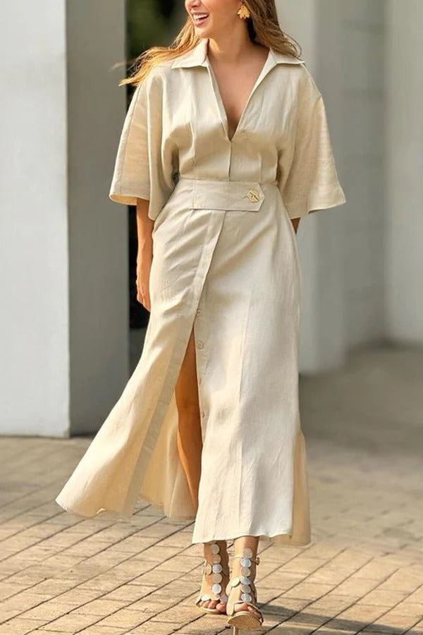 Asher – Lockeres Midikleid aus Leinenmischung mit weiten Ärmeln und Knopftaschen