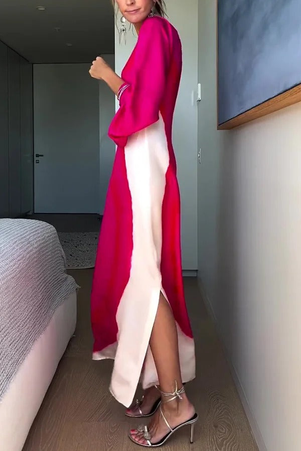 Elegantes einärmliges Maxikleid mit Schlitz und Kontrastdruck