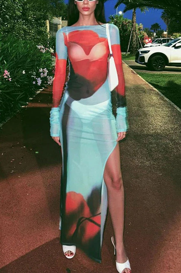 Mesh-Maxikleid mit Blumendruck, Rundhalsausschnitt, langen Ärmeln und Stretch