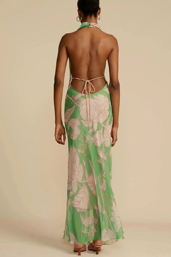 Josefine – Neckholder-Maxikleid mit Wasserfallausschnitt und Blumenmuster, rückenfrei und zum Binden