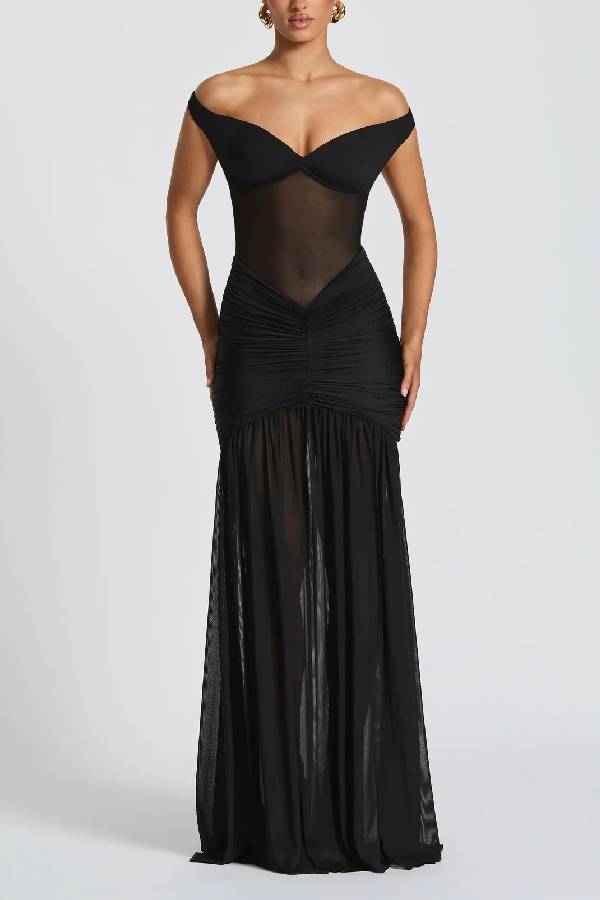 Raise The Level Mesh Off Shoulder Ruched Scarf Stretch Maxi Dress
