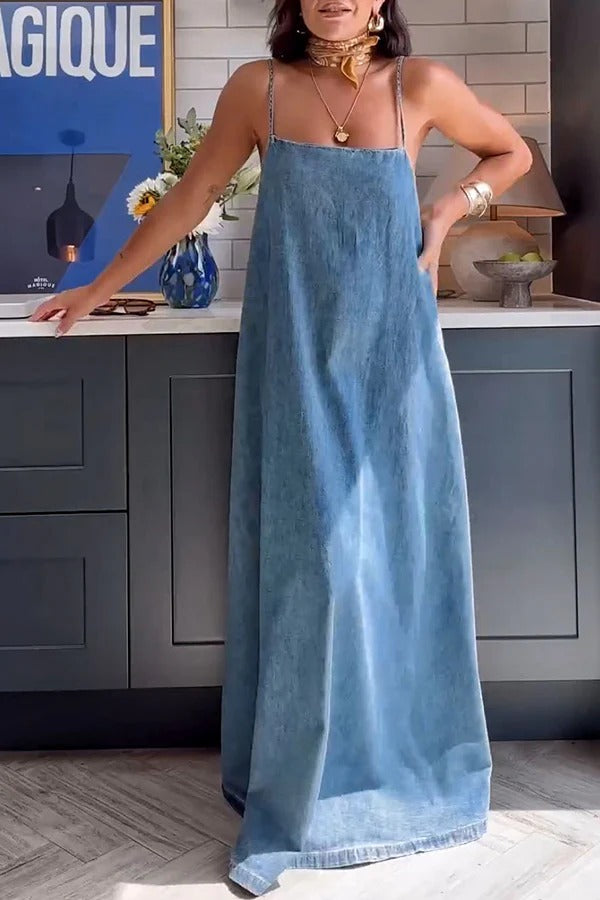 Tenaya A-Linien-Maxikleid mit elastischem Denim-Rücken und lockerem Slip