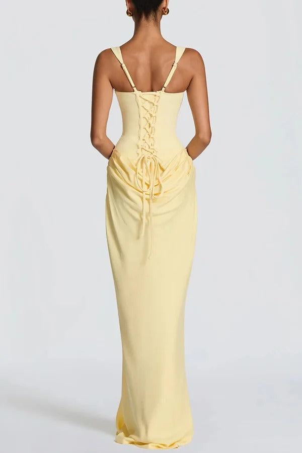 Larrah Square Neck Back Lace-up Satin Drape Hem Maxi Dress