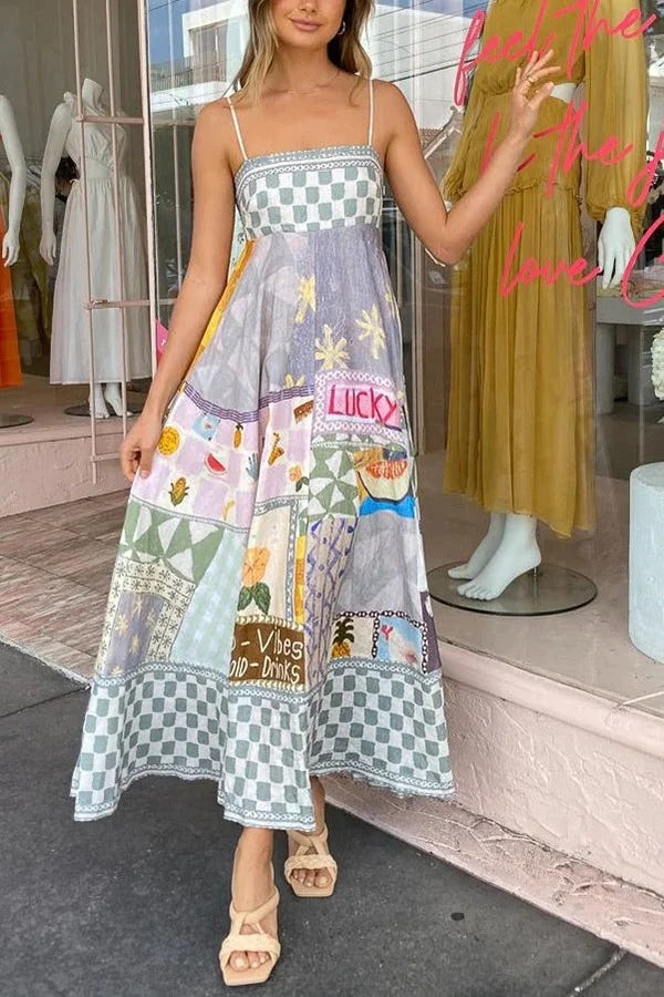 Wonderful Weekend – Midikleid aus Leinenmischung mit einzigartigem Aufdruck, gesmokten Rückentaschen