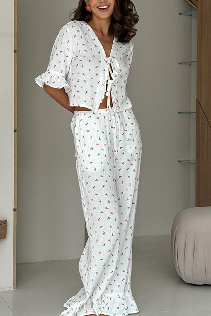 Bedrucktes Rüschenhemd zum Binden aus Baumwolle