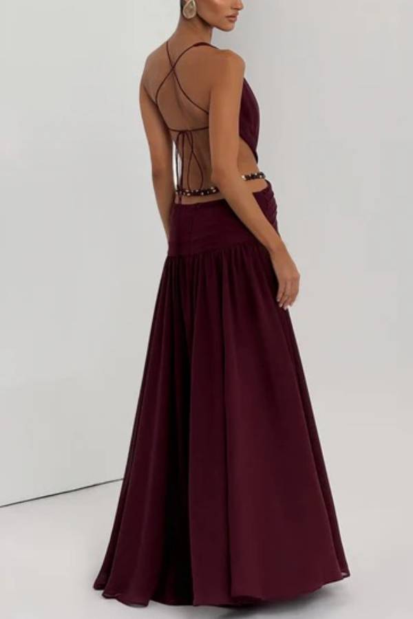 Kinara Leopard Print Deep V-neck Metal Flower Hollow Beads Detail Slit Maxi Dress