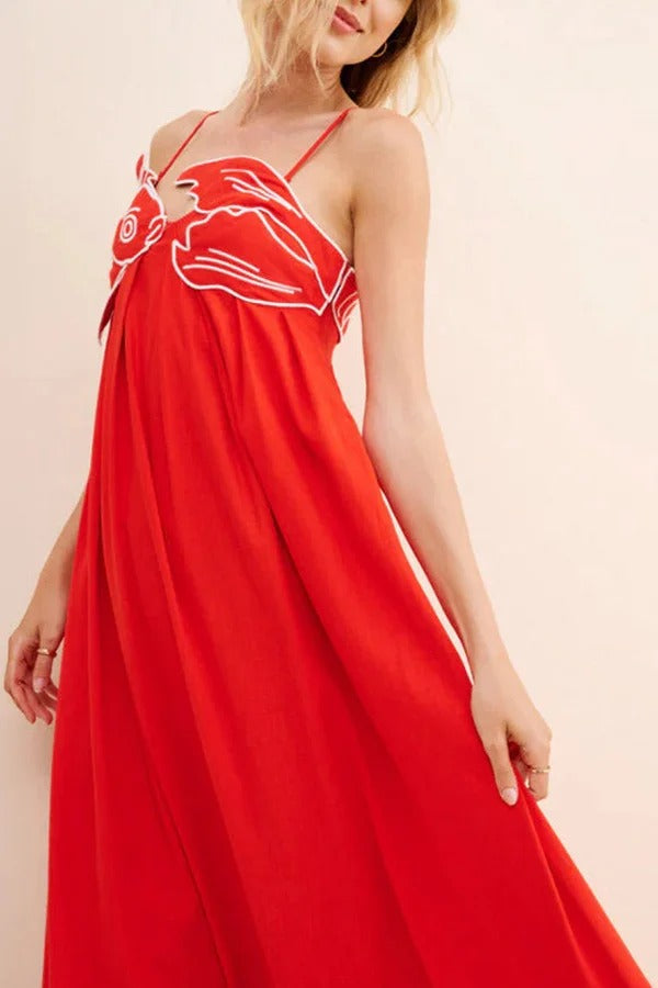 Robe longue dos nu brodée de poissons rouges