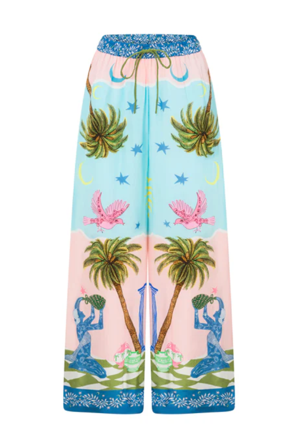 Einzigartige Hose mit weitem Bein und elastischer Tasche im Cree-Ethno-Stil mit handbemaltem Druck