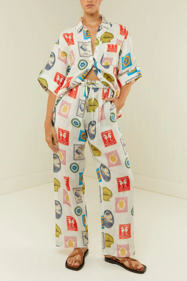 Modisches bedrucktes Leinenhemd mit Cardigan-Hose für alle Gelegenheiten