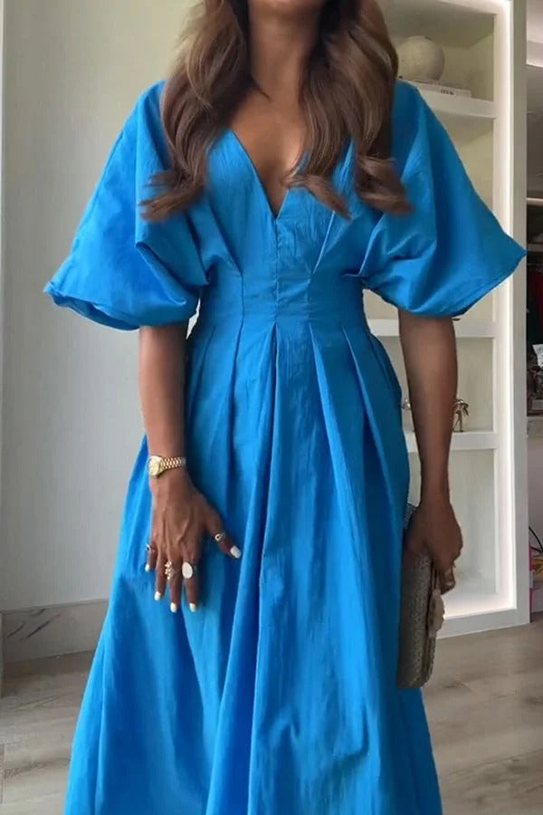 Antibes – Plissiertes Midikleid aus Leinenmischung im Princess-Stil mit weiten Puffärmeln