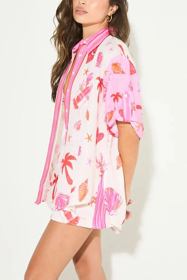 Ensemble très attendu en mélange de lin, chemise ample à boutons et imprimé unique, et short à poches à taille élastique