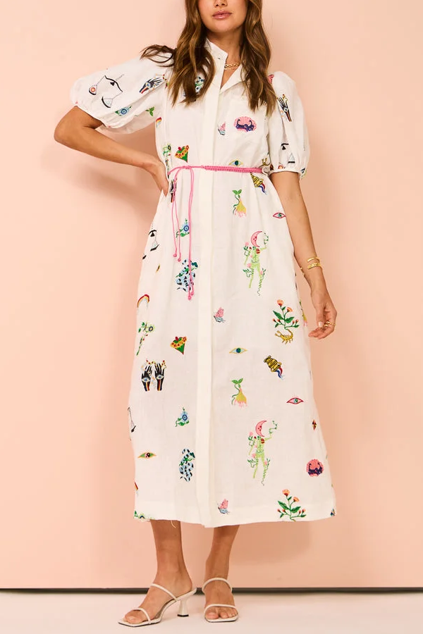 Besticktes Hemdblusenkleid in Creme