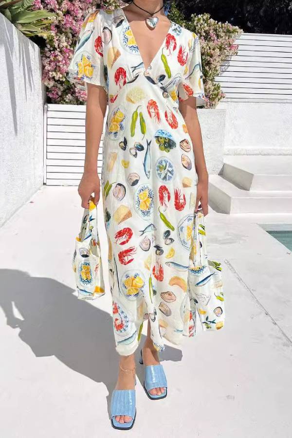 Leinen V-Ausschnitt Sexy Loose Fairy All-Match Casual Dress