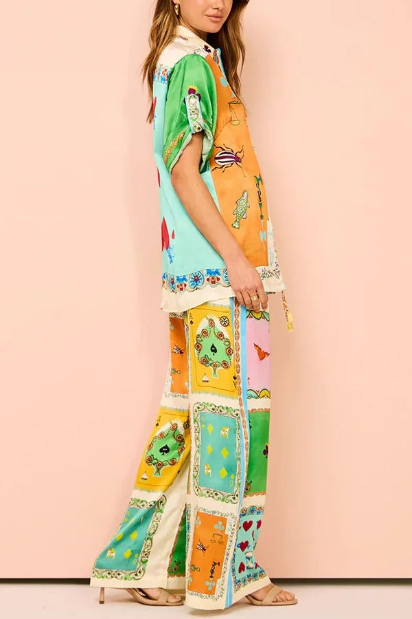 Lustige Poker Sommer Satin Einzigartiger Druck Elastische Taille Taschen Weite Beinhose