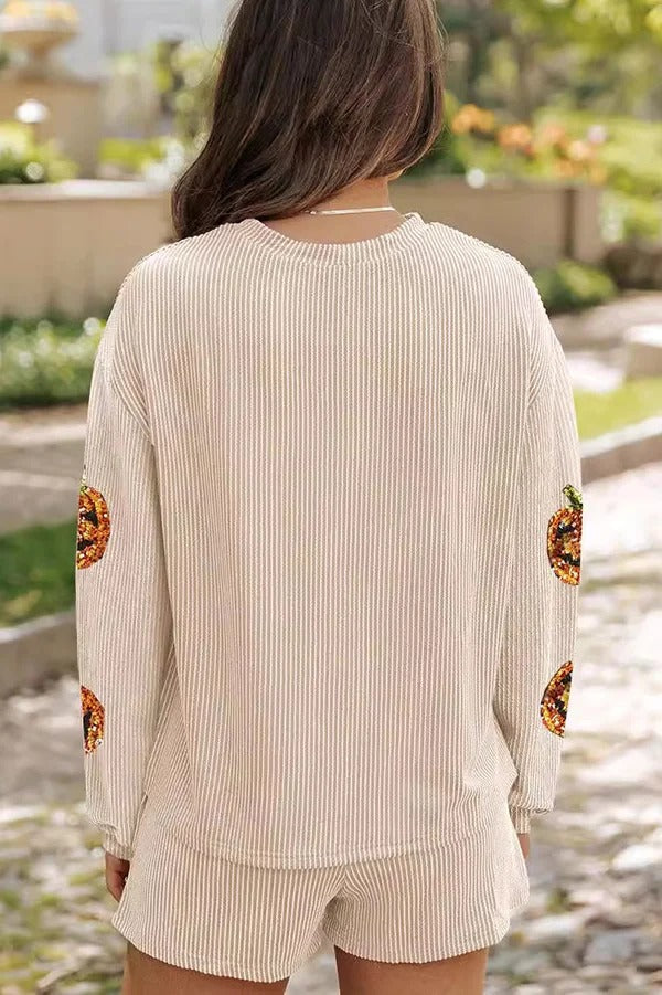 Christmas Sequined Loose Long-sleeved Top and Elastic Waist Casual Shorts Set