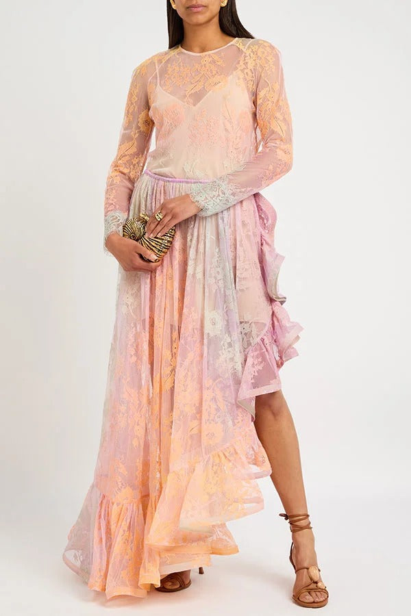 Tesley Lace Gradient Print Elastic Waist Irregular Ruffles Maxi Skirt
