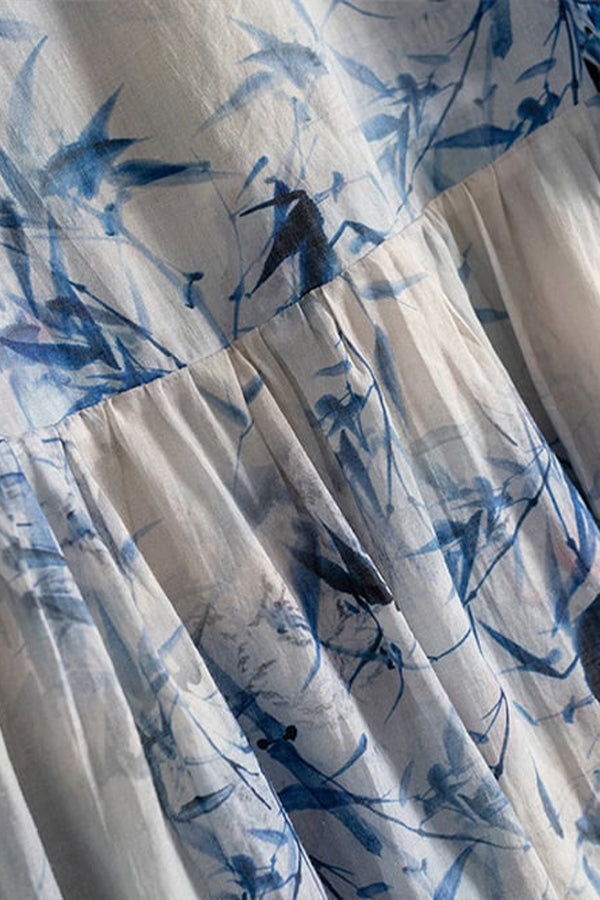 Robe trapèze imprimée en coton et lin à fleurs et col en V