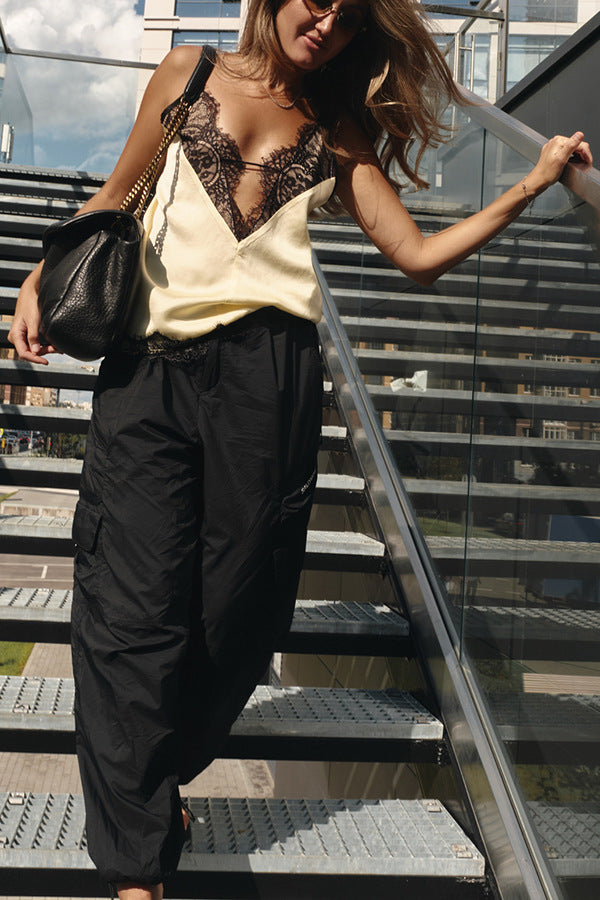Lace-Trimmed V-Neck Satin Cami Top