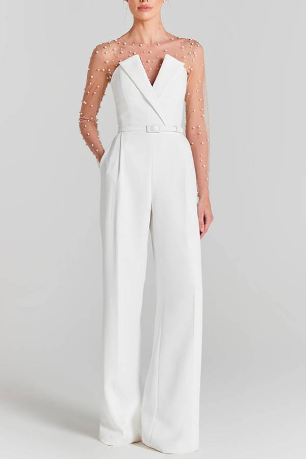 Trägerloser Jumpsuit mit V-Ausschnitt und weitem Bein und Taschen