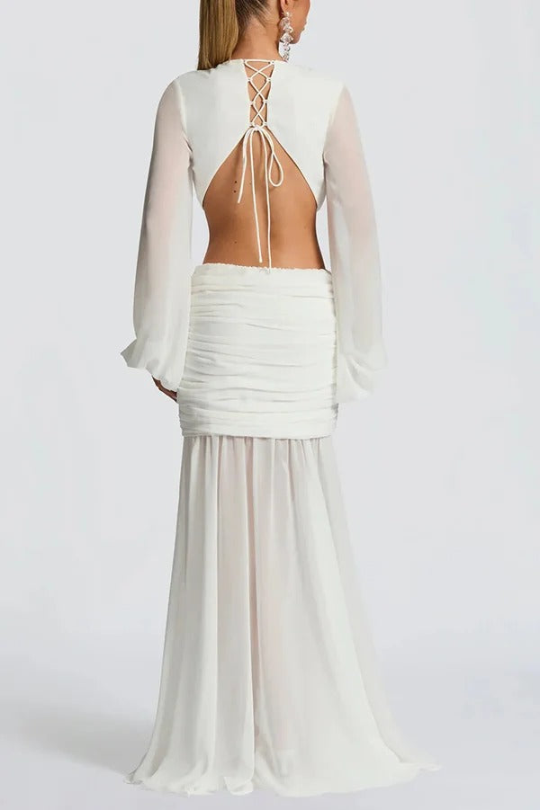 Deep Memories Chiffon Balloon Sleeve Cutout Ruched Drape Maxi Dress