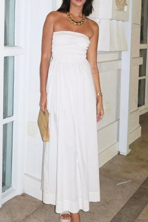 Robe longue plissée élastique sans manches à épaules dénudées de style rétro