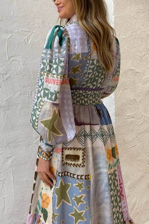 Verspielt schickes, einzigartiges Print-Midikleid mit Ballonärmeln und gesmoktem Bund