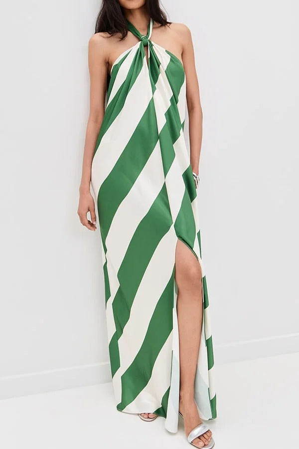 Most Dreamy Stripe Print Halter Tie-up Backless Pocket Loose Maxi Dress