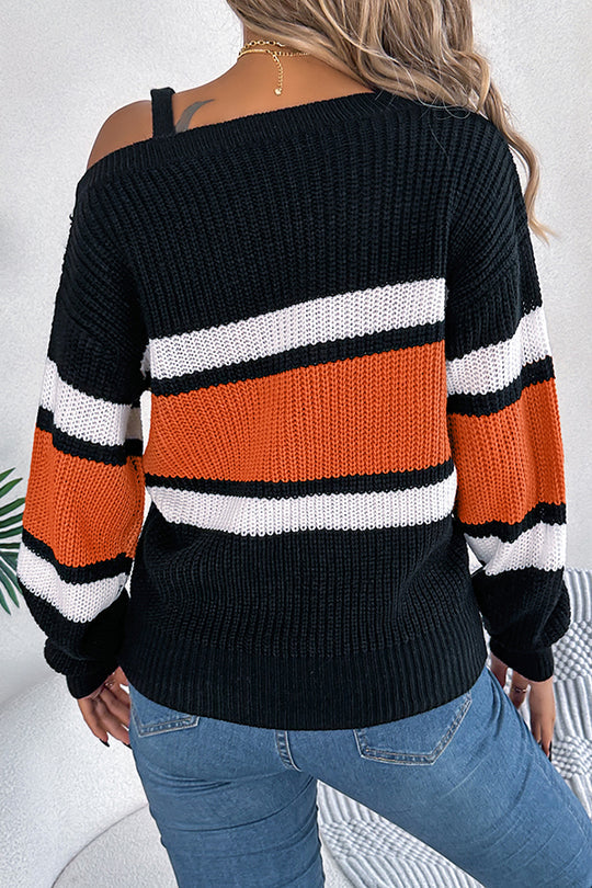 Gestreifter, kontrastierender, lockerer, langärmeliger Strickpullover mit Metallschnalle