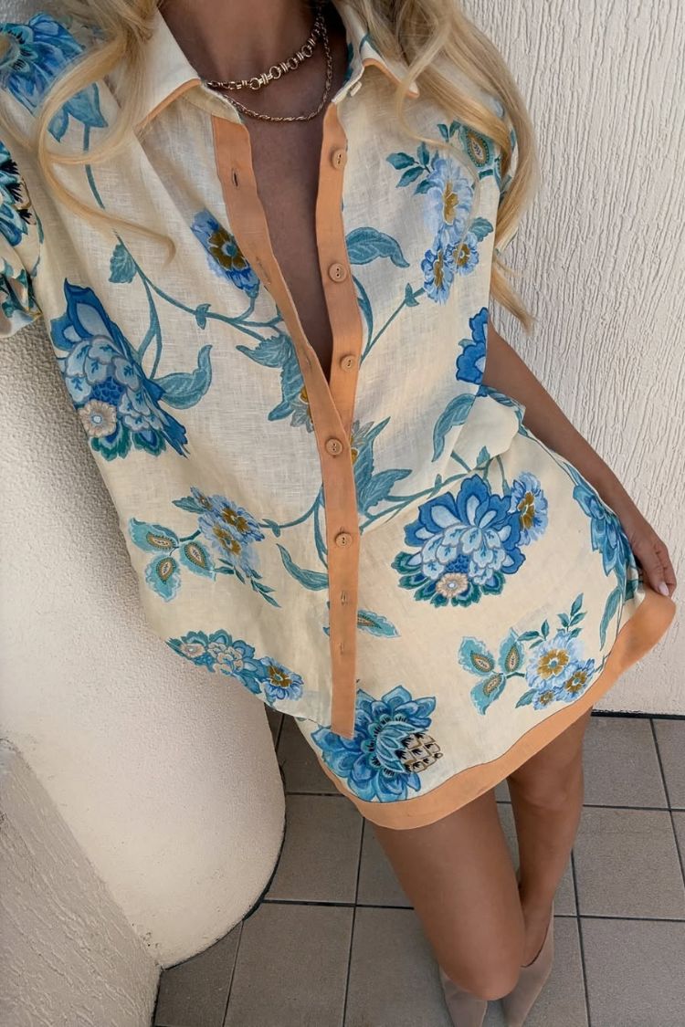 Giselle – Set aus kurzärmligem Hemd aus Leinenmischung mit Blumenmuster und Minirock mit Reißverschluss