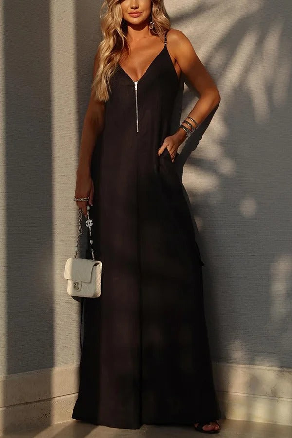 Zola Lockerer Cargo-Jumpsuit mit Reißverschluss und Taschen vorne in der Mitte und weitem Bein