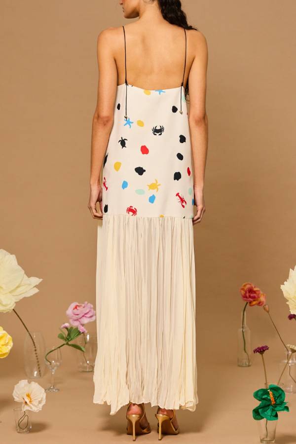 Ocean Dot Unique Print Starfish Metal Strap Pleated Chiffon Hem Maxi Dress