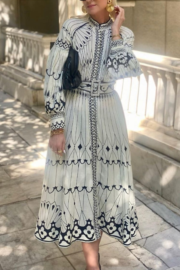 Lockeres, lässiges Midikleid aus Baumwolle und Leinen mit Retro-Laternenärmeln