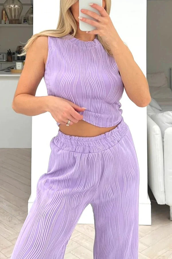 Einfarbiges Tanktop mit Rundhalsausschnitt und Wasserwellen-Print und gerade geschnittene Hose mit elastischem Bund