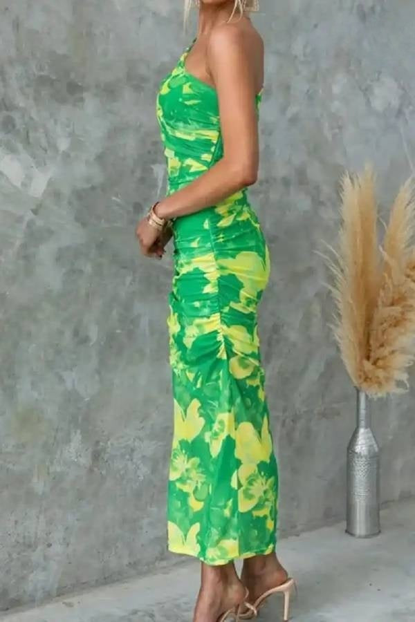 Night Blooms Mesh Overlay Printed One Shoulder Ruched Stretch Maxi Dress